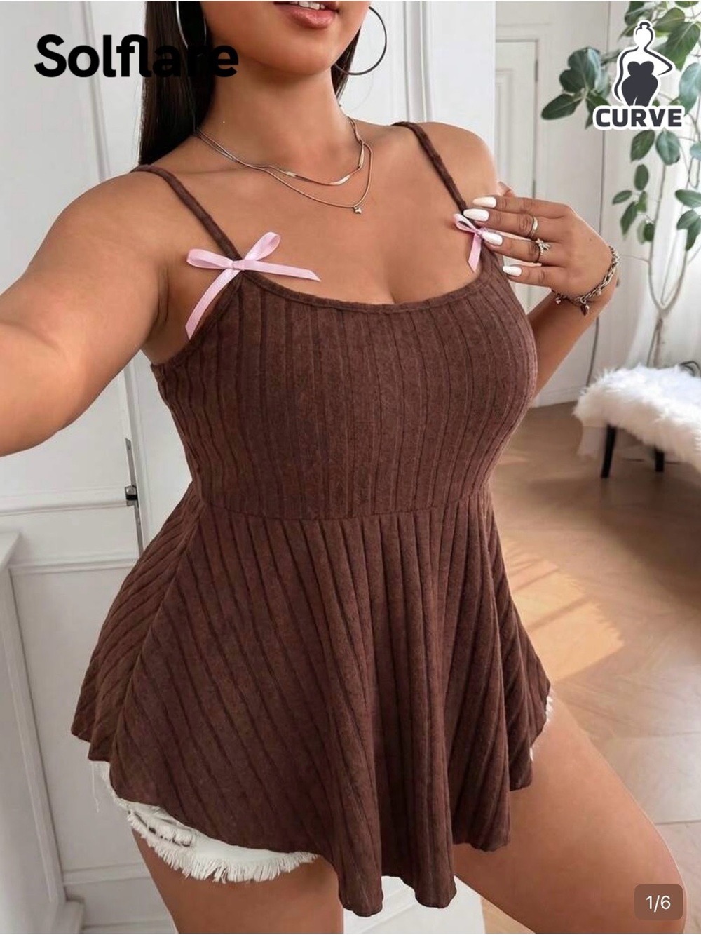 Solflare Brown Ribbed Flowy Tank with Pink Bow Detail